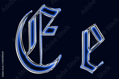 blue Gothic blackletter font chrome techno Glossy holographic 3D letter e Metallic shiny text design