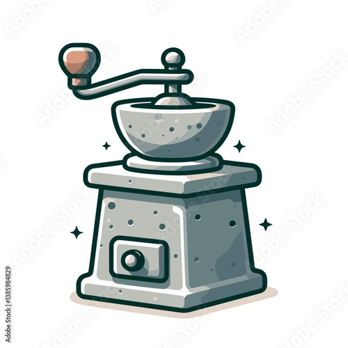 Vintage manual coffee grinder with hand crank in gray stone style. Perfect for coffee shop decor, traditional brewing methods, and artisanal kitchen equipment collections.