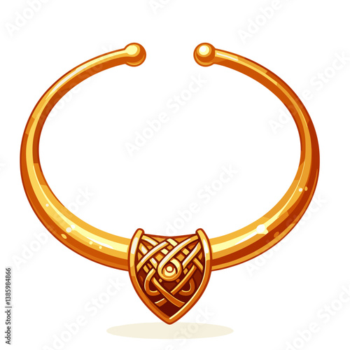 Gold torc necklace with decorative shield pendant in Celtic style. Ideal for historical jewelry collections, ancient artifacts, and traditional cultural adornment illustrations.