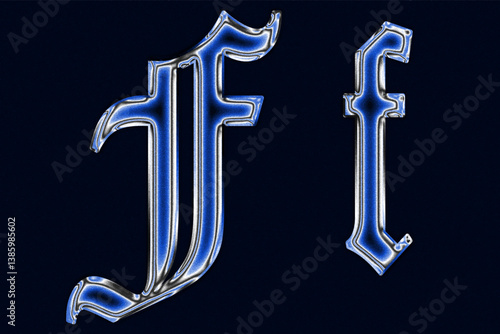 blue Gothic blackletter font chrome techno Glossy holographic 3D letter f Metallic shiny text design