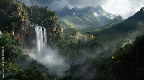 Majestic waterfalls cascade through lush tropical rainforest in the heart of nature's paradise
