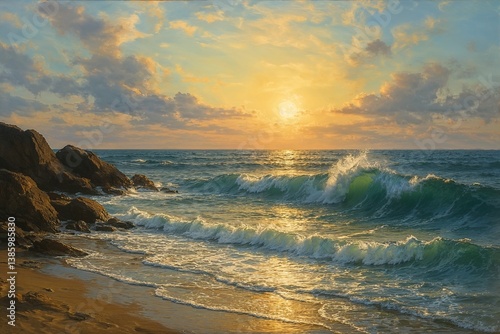 Serene sunset over rocky beach with gentle waves crashing  