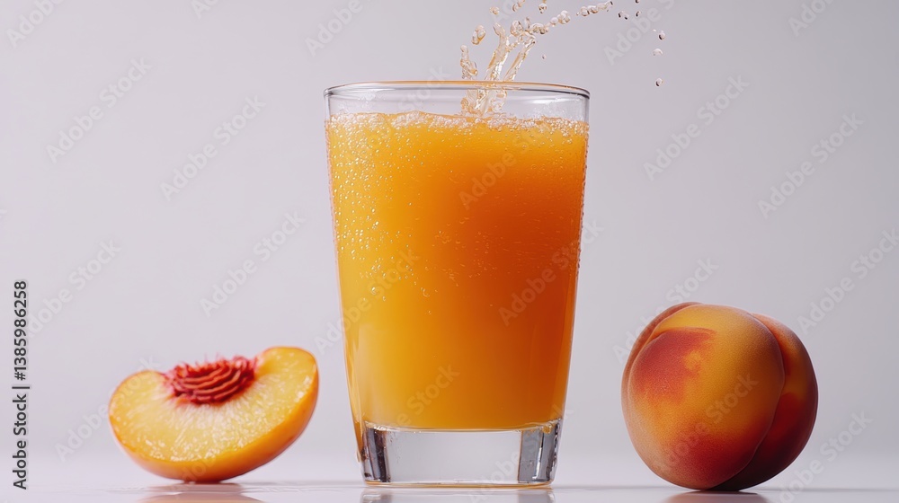 A glass of freshly squeezed peach juice with peach slices beside it, on a white background A glass of freshly squeezed peach juice with peach slices beside it, on a white background