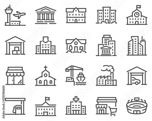 Simple Set of Buildings Related Vector Line Icons. Contains such Icons as Church, Sport Stadium, Medical Hospital and more.