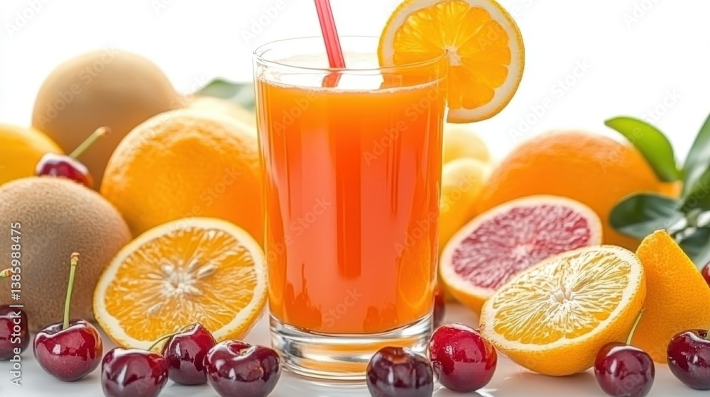 A close-up of a fruit punch juice with a mix of citrus fruits and cherries, placed in a glass with a straw on a white background A close-up of a fruit punch juice with a mix of citrus fruits and cherries, placed in a glass with a straw on a white background