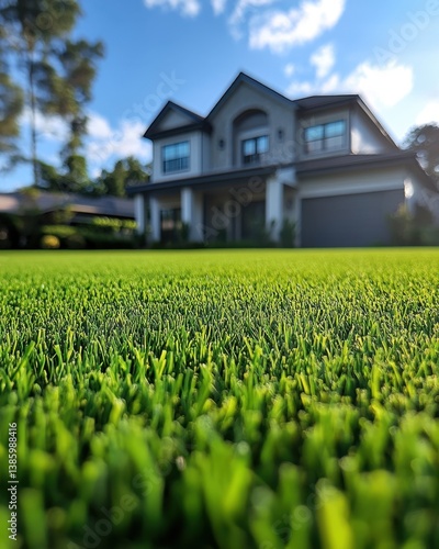 Wallpaper Mural Lush Green Lawn Leading to a Modern House Exterior on a Sunny Day with Blue Sky and Clouds Beautiful Home Landscape Torontodigital.ca
