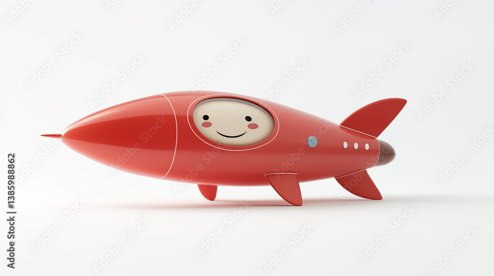 Fototapeta premium Cute 3D cartoon red rocket ship with a happy face on the cockpit window. A minimalist space travel character design.