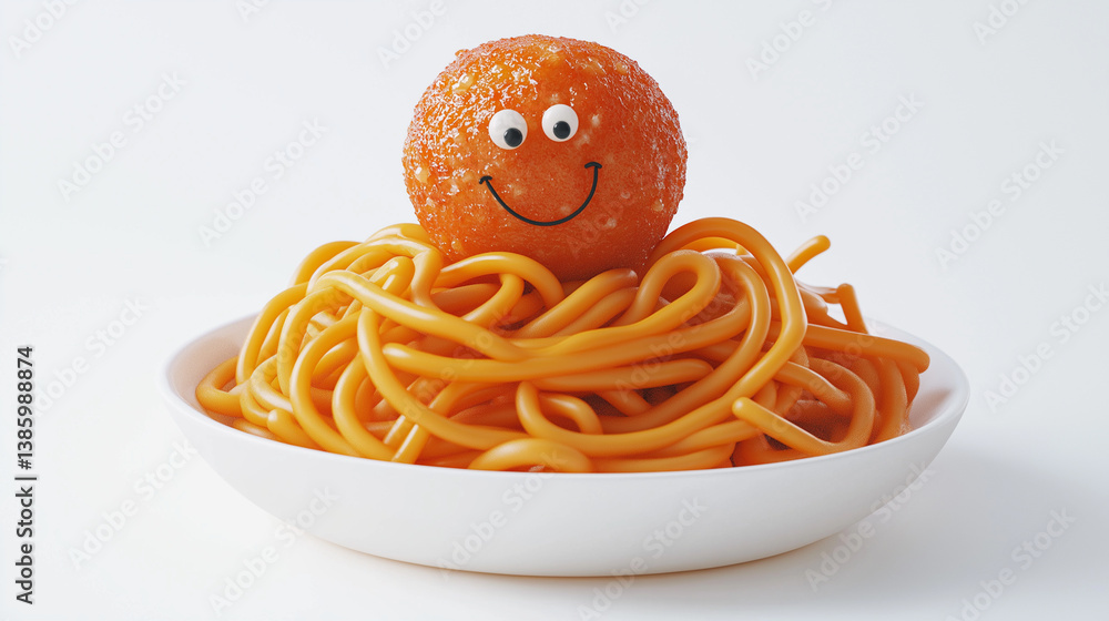 3D cartoon spaghetti bowl with swirling noodles and a smiling meatball on top. A fun and delicious Italian food character.