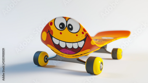 Cartoon skateboard with an exaggerated goofy face and big yellow wheels. A quirky and expressive skating-themed design.