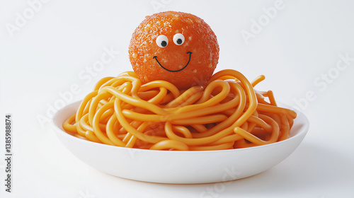 Obraz na płótnie 3D cartoon spaghetti bowl with swirling noodles and a smiling meatball on top. A fun and delicious Italian food character. w salonie
