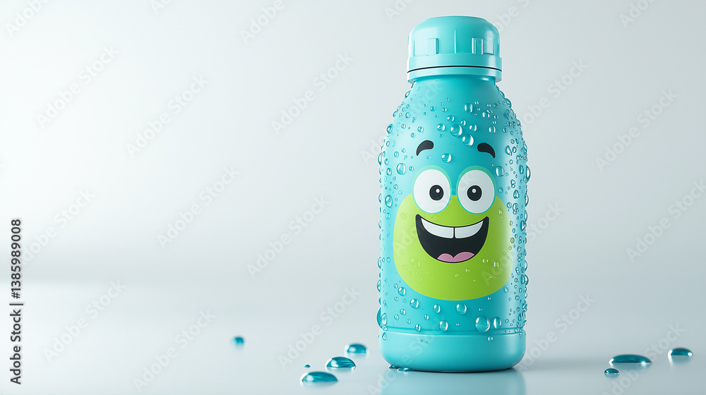 Blue 3D cartoon water bottle with large smiling face and water droplets on surface, conveying freshness and fun.