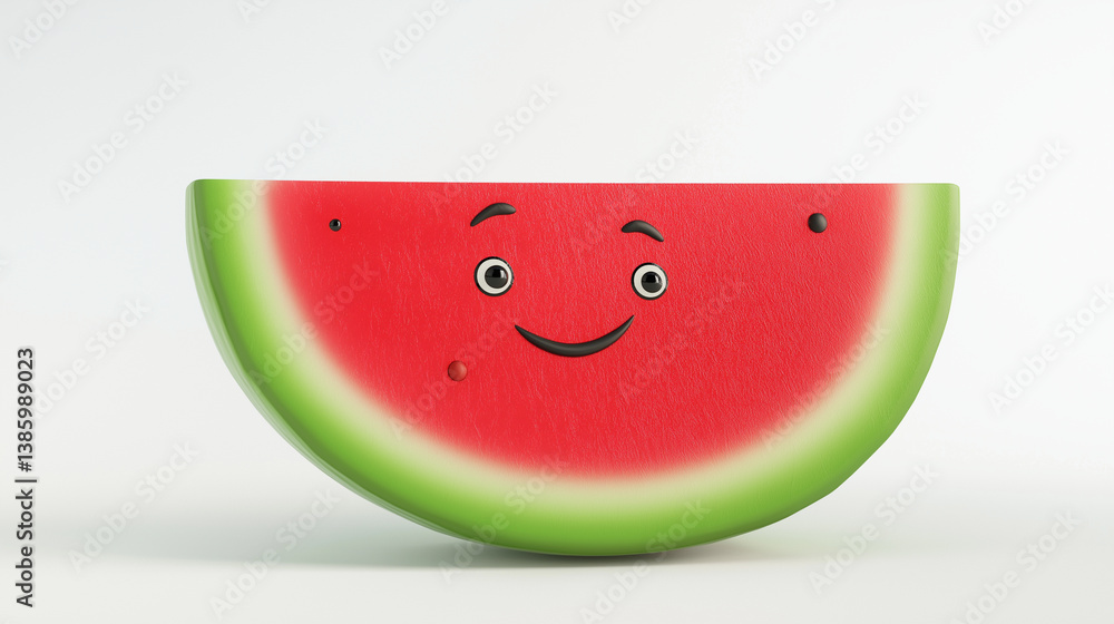 Minimal-style 3D cartoon watermelon slice with a gentle smiling face and smooth texture, giving a light and friendly visual.