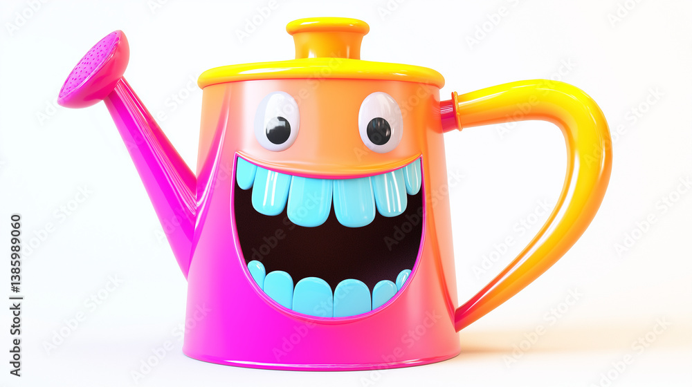 Colorful 3D cartoon watering can with a huge blue smile and playful eyes, designed in a vibrant and whimsical style.