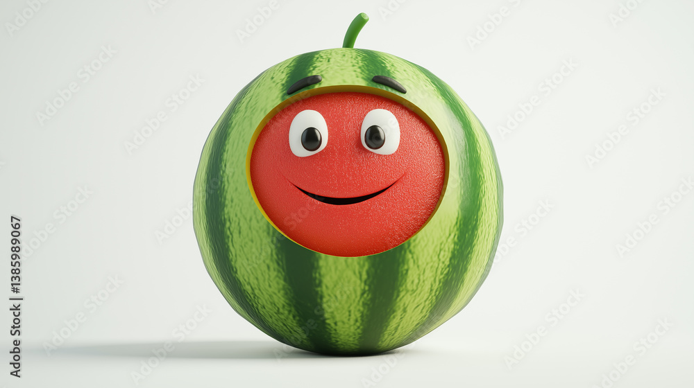 Whole 3D cartoon watermelon with a carved circular face area revealing a red smiling character, full of joy and playfulness.