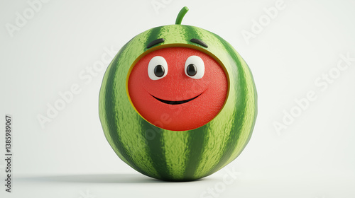 Obraz na płótnie Whole 3D cartoon watermelon with a carved circular face area revealing a red smiling character, full of joy and playfulness. w salonie