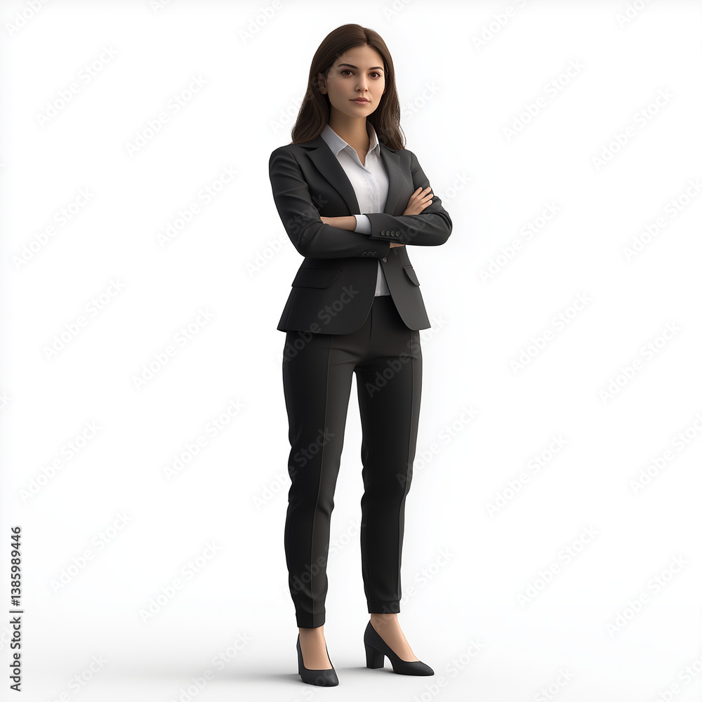 Realistic 3D character of a serious businesswoman standing confidently with arms folded, expressing professionalism and leadership.