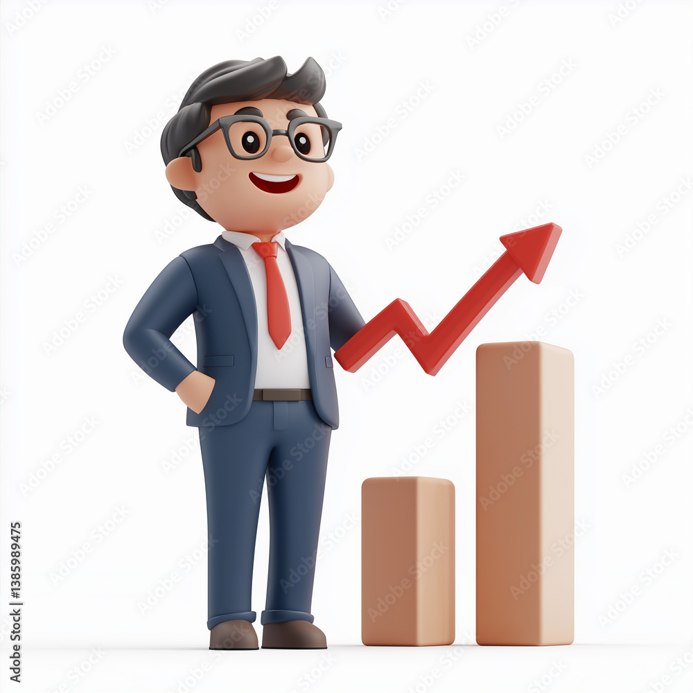 3D happy entrepreneur in a suit standing beside a red arrow and bar chart, symbolizing strong financial growth and leadership.