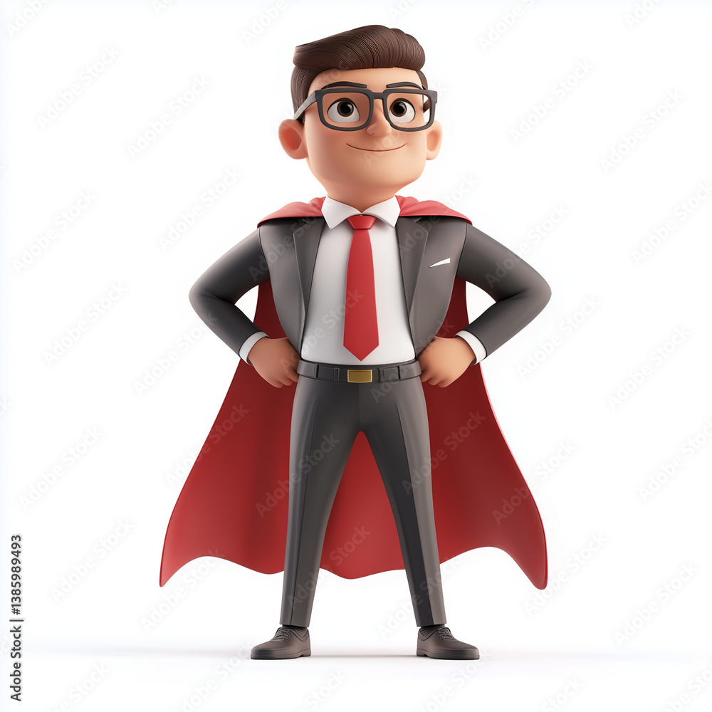 Professional 3D businessman in glasses with a superhero cape, standing with hands on hips, symbolizing smart leadership and trust.
