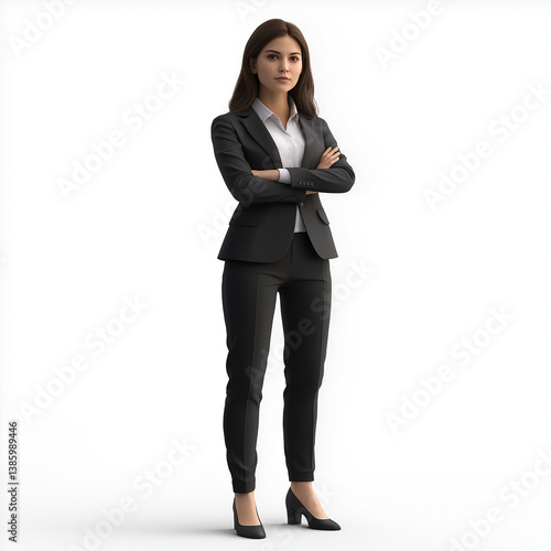 Obraz na płótnie Realistic 3D character of a serious businesswoman standing confidently with arms folded, expressing professionalism and leadership. w salonie