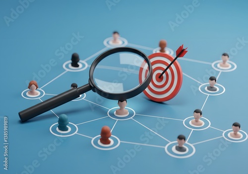 Target Audience Focus Concept Magnifying Glass on Target with Connected People, Business Strategy, Marketing, Customers.