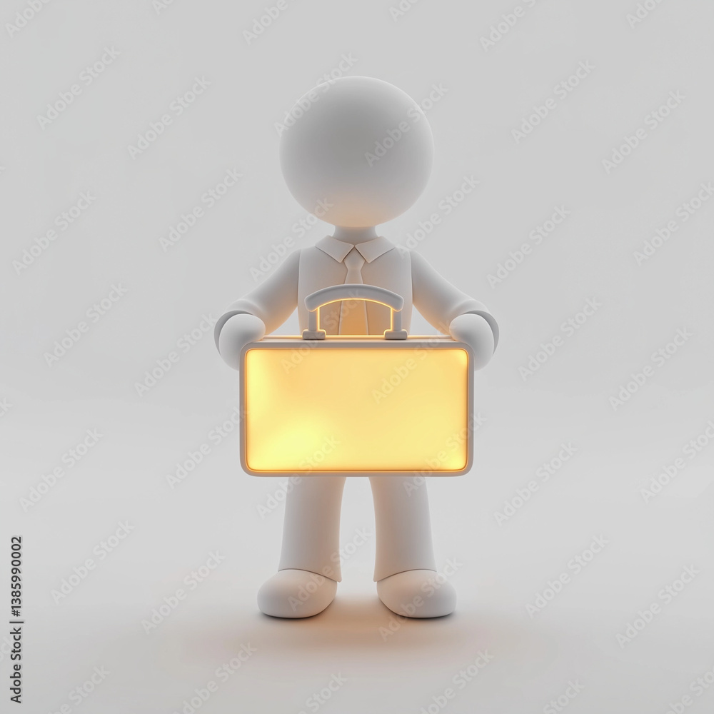 Minimal white 3D business character holding a glowing briefcase, symbolizing success, innovation, and opportunity in a clean, stylized form.