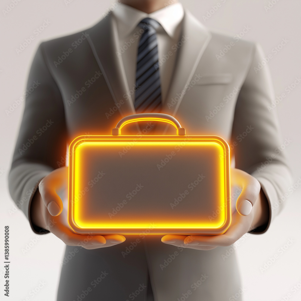 3D render of a business professional in a suit holding a glowing briefcase, symbolizing innovation, opportunity, and corporate value.
