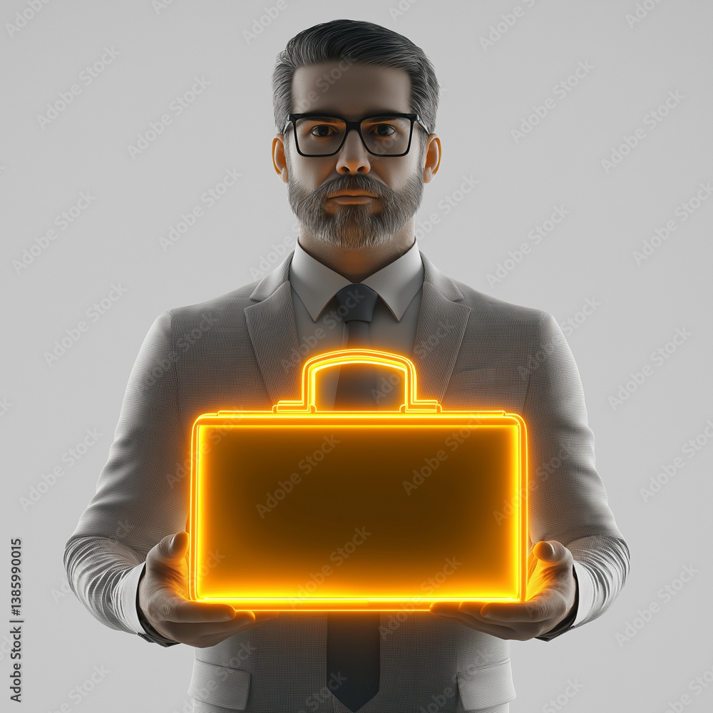Stylish male business professional in glasses holding a glowing briefcase, representing business intelligence, innovation, and corporate power.