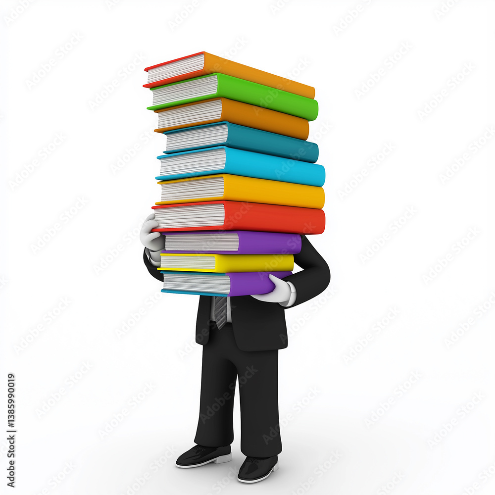 3D render of a faceless business figure holding a large stack of colorful books, symbolizing workload, knowledge, and business responsibility.