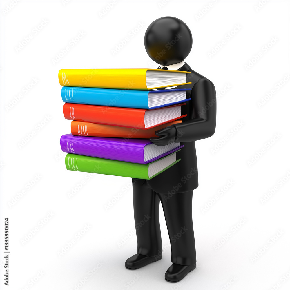 3D illustration of a black faceless business figure holding colorful binders, representing office work, organization, and task management.