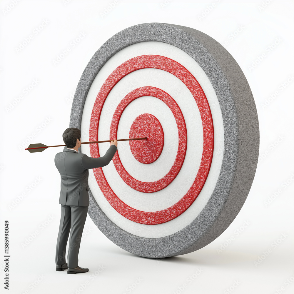 3D illustration of a businessman placing an arrow into the center of a modern target, symbolizing accuracy, control, and goal-oriented performance.