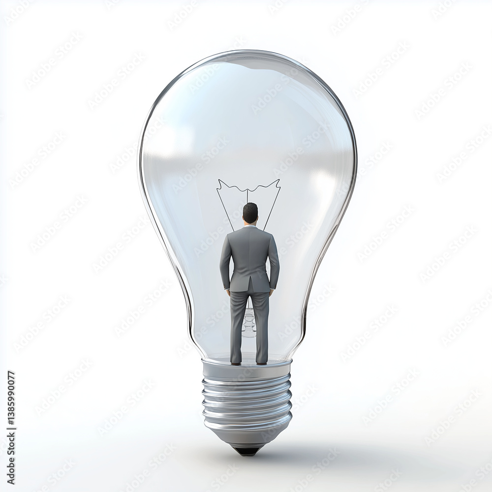 3D render of a businessman standing inside a giant lightbulb, facing away, symbolizing deep thought, innovation, and new business ideas.