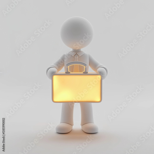 Obraz na płótnie Minimal white 3D business character holding a glowing briefcase, symbolizing success, innovation, and opportunity in a clean, stylized form. w salonie