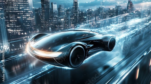 Obraz na płótnie A futuristic vehicle speeds rapidly through a modern city at night w salonie