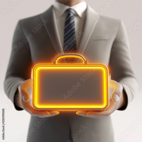 Obraz na płótnie 3D render of a business professional in a suit holding a glowing briefcase, symbolizing innovation, opportunity, and corporate value. w salonie