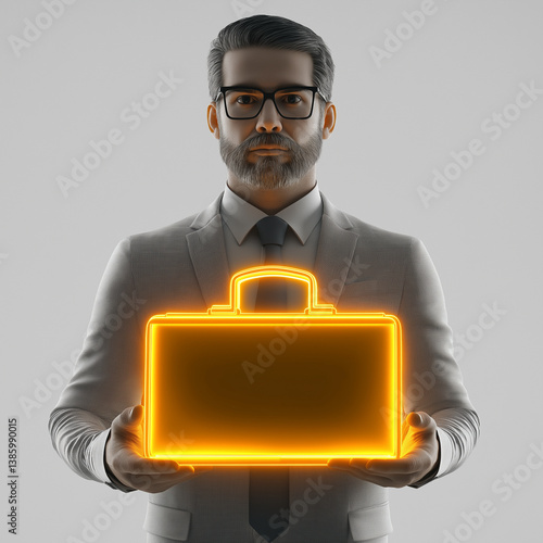Stylish male business professional in glasses holding a glowing briefcase, representing business intelligence, innovation, and corporate power.