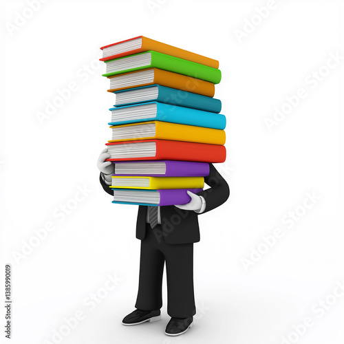 Obraz na płótnie 3D render of a faceless business figure holding a large stack of colorful books, symbolizing workload, knowledge, and business responsibility. w salonie