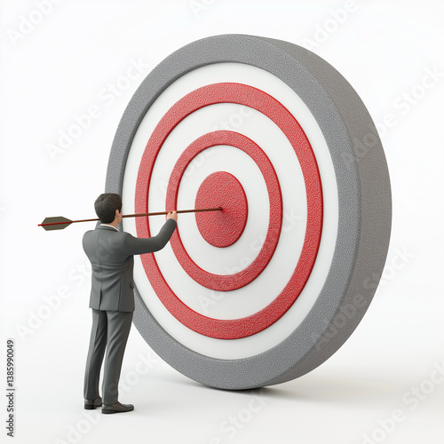 3D illustration of a businessman placing an arrow into the center of a modern target, symbolizing accuracy, control, and goal-oriented performance.