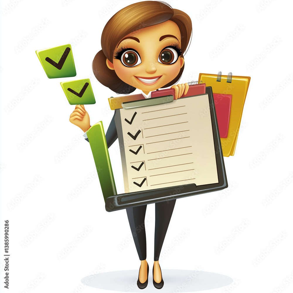 Smiling cartoon businesswoman holding a giant clipboard and checkmarks, symbolizing task tracking, organization, and positive work habits.
