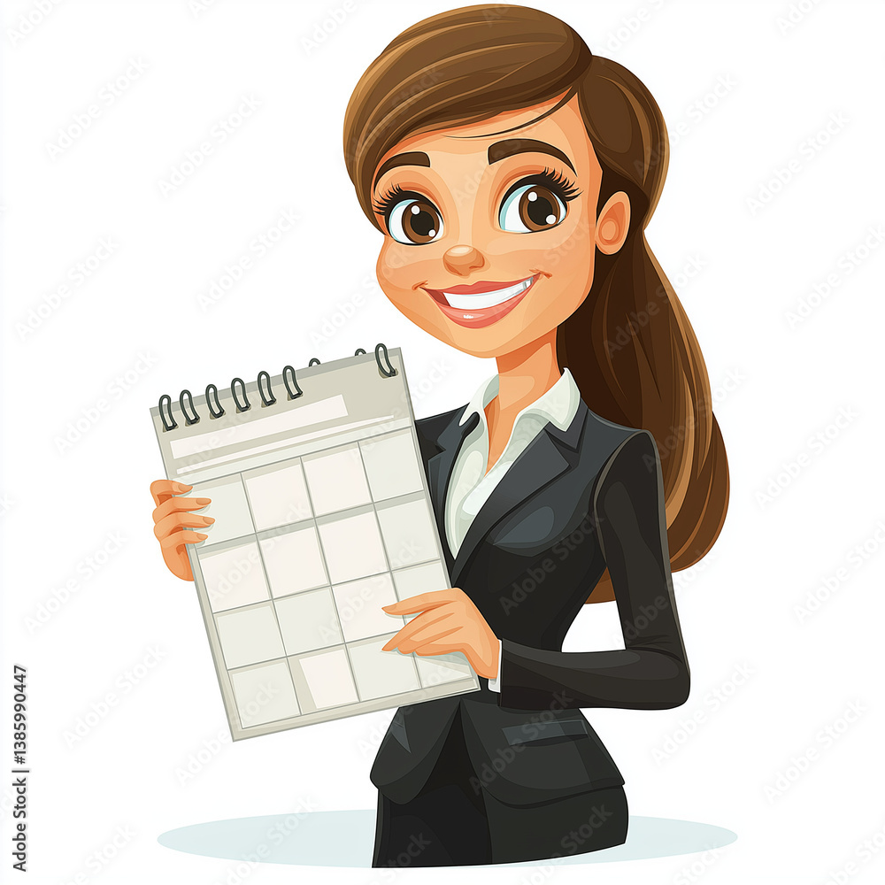 Cartoon businesswoman smiling and holding a blank calendar, representing time organization, scheduling, and future business planning.