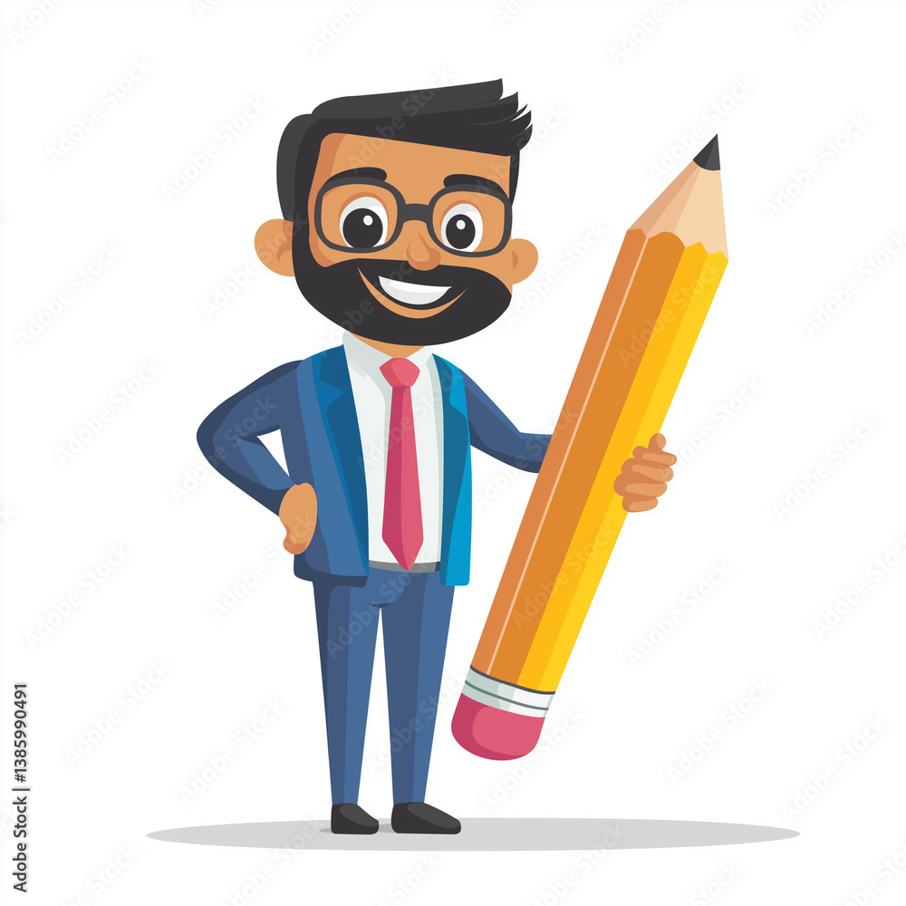 Cartoon businessman with glasses holding a giant yellow pencil, representing planning, creativity, strategy, and business innovation.