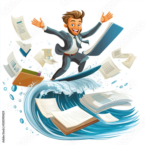 Cartoon businessman surfing on a wave of paperwork, symbolizing balance, productivity, and staying in control during a busy business workflow.