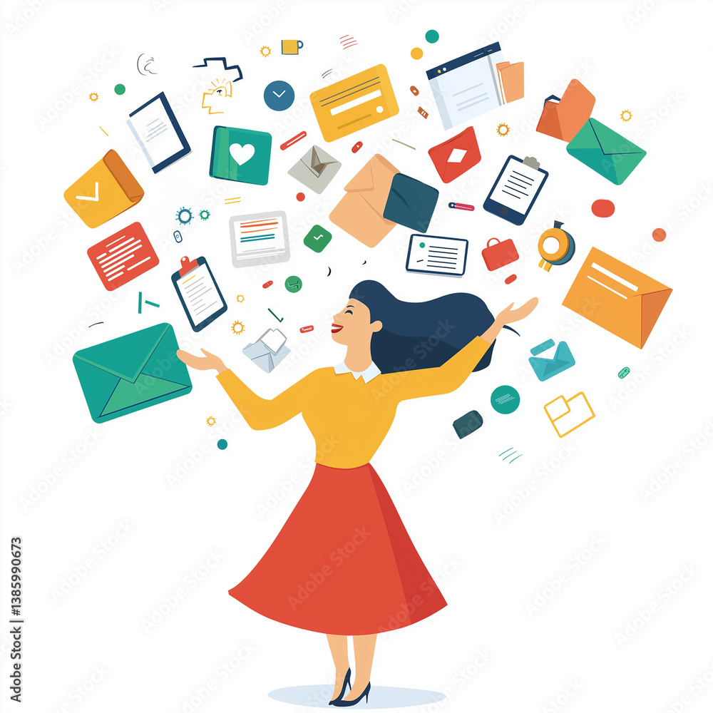 Stylish cartoon businesswoman juggling emails, tasks, and charts, representing digital workflow, multitasking, and the fast-paced work environment.
