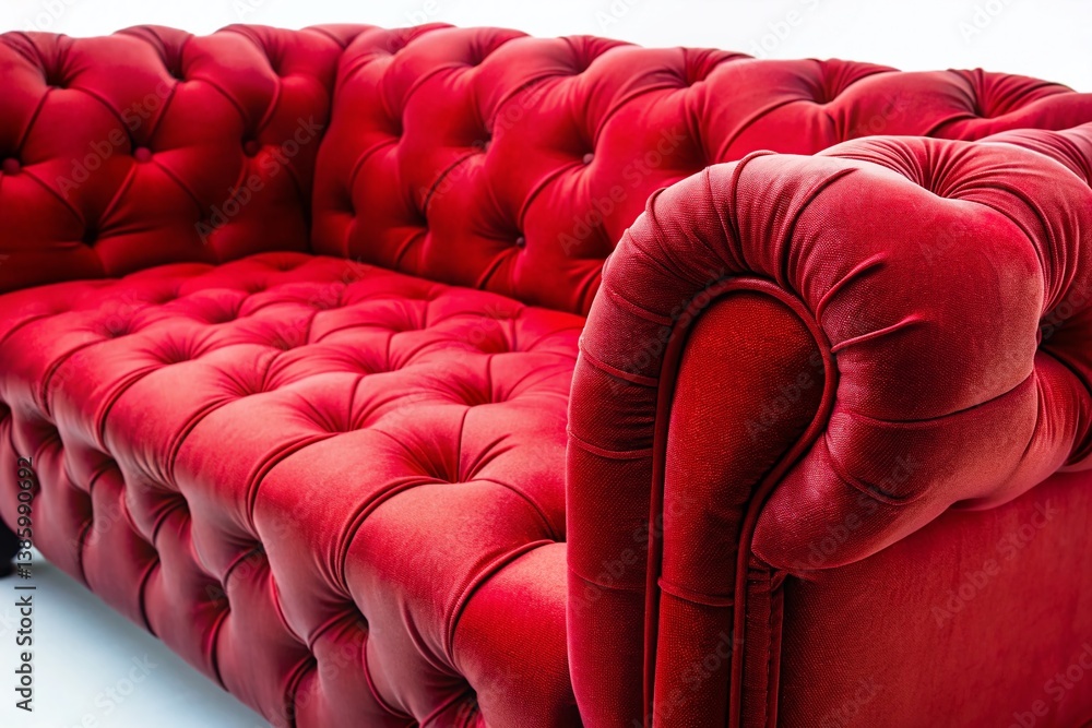 Obraz premium Red Velvet Sofa Isolated, Macro Photography Detail, White Background, Furniture Texture