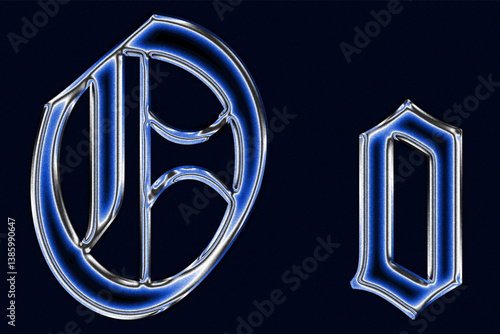 blue Gothic blackletter font chrome techno Glossy holographic 3D letter o Metallic shiny text design
