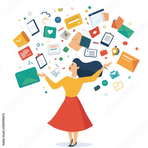 Obraz na płótnie Stylish cartoon businesswoman juggling emails, tasks, and charts, representing digital workflow, multitasking, and the fast-paced work environment. w salonie