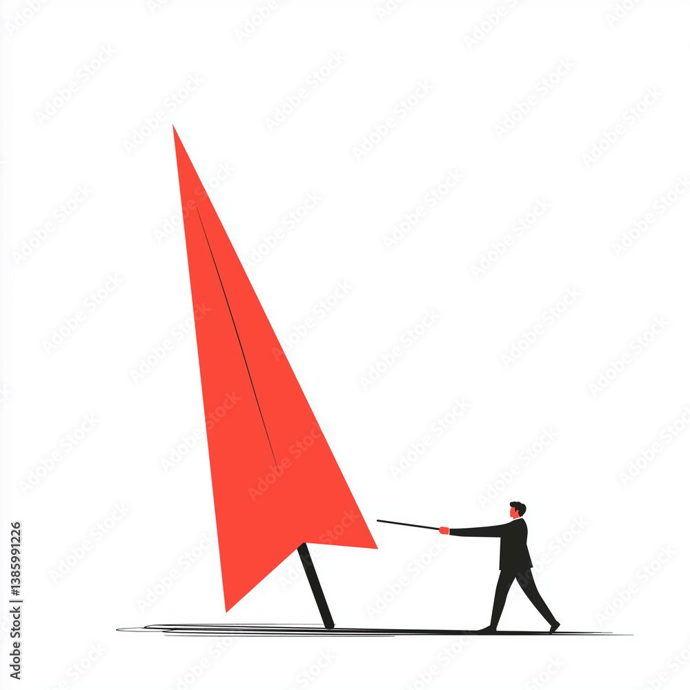 Flat minimal design of a businessman pulling a giant paper plane, symbolizing creative drive, strategic motion, and progress through action.