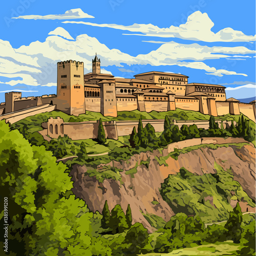 Alhambra hand-drawn comic illustration. Alhambra. Vector doodle style cartoon illustration