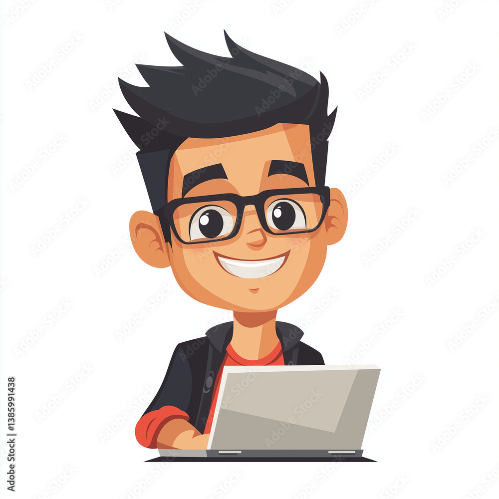 Flat modern cartoon illustration of a young entrepreneur with glasses using a laptop, symbolizing tech startup, creativity, and remote work.