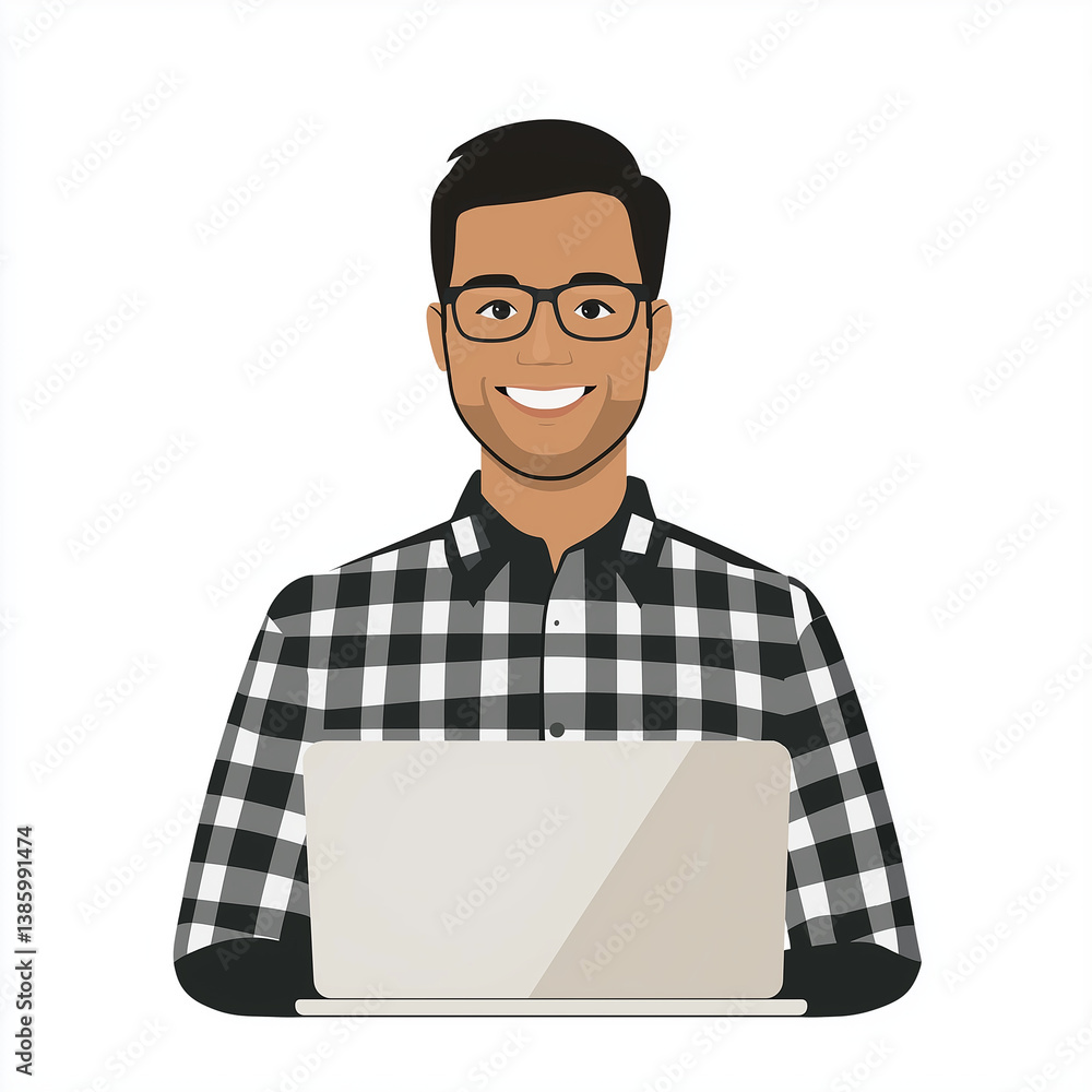 Flat modern illustration of a smiling young entrepreneur in plaid shirt using a laptop, symbolizing startup energy, technology, and digital business.