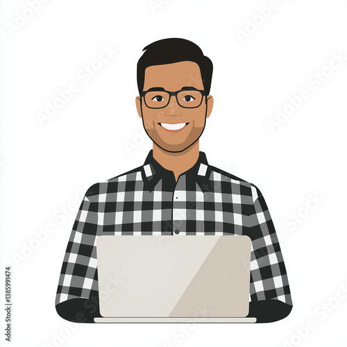 Obraz na płótnie Flat modern illustration of a smiling young entrepreneur in plaid shirt using a laptop, symbolizing startup energy, technology, and digital business. w salonie